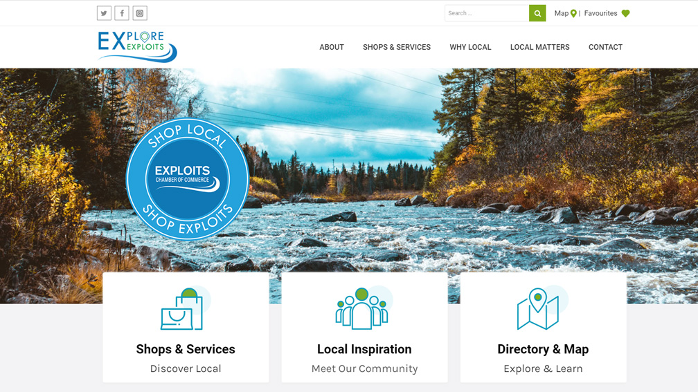 A screenshot of the Explore Exploits homepage; below the navigation sits an image of a river.