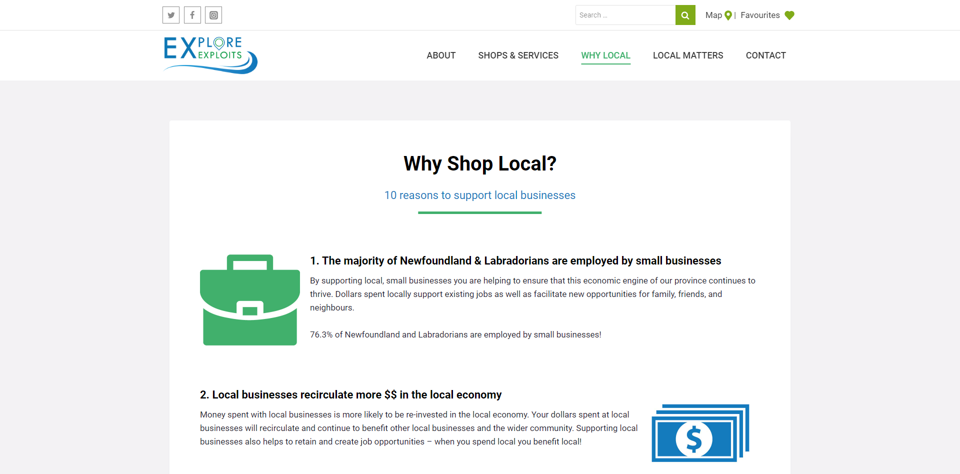 A screenshot from Explore Exploits that displays a page that lists reasons someone should choose to shop locally.