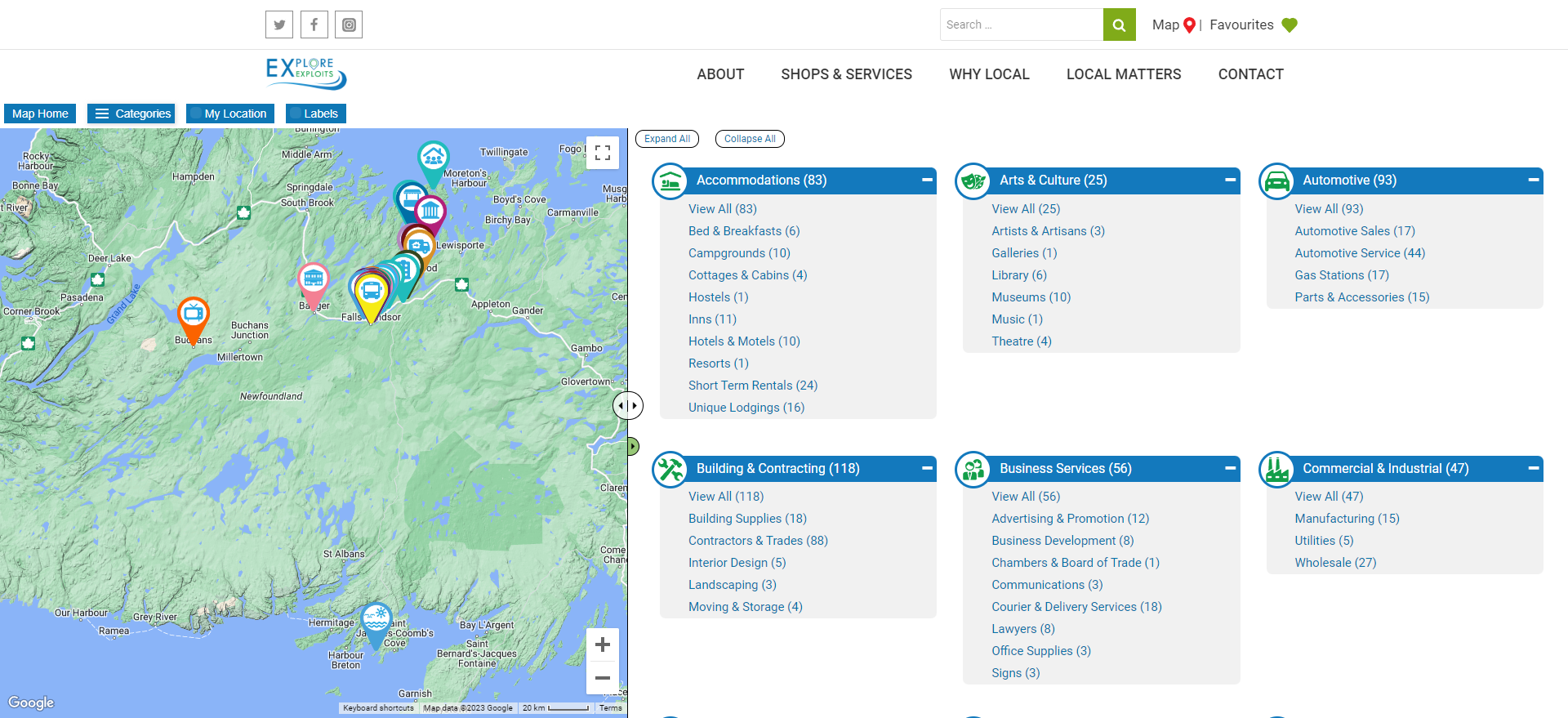 A screenshot that shows a map to the left, and on the right are various categories of a directory such as "accommodations" and "Arts & Culture".