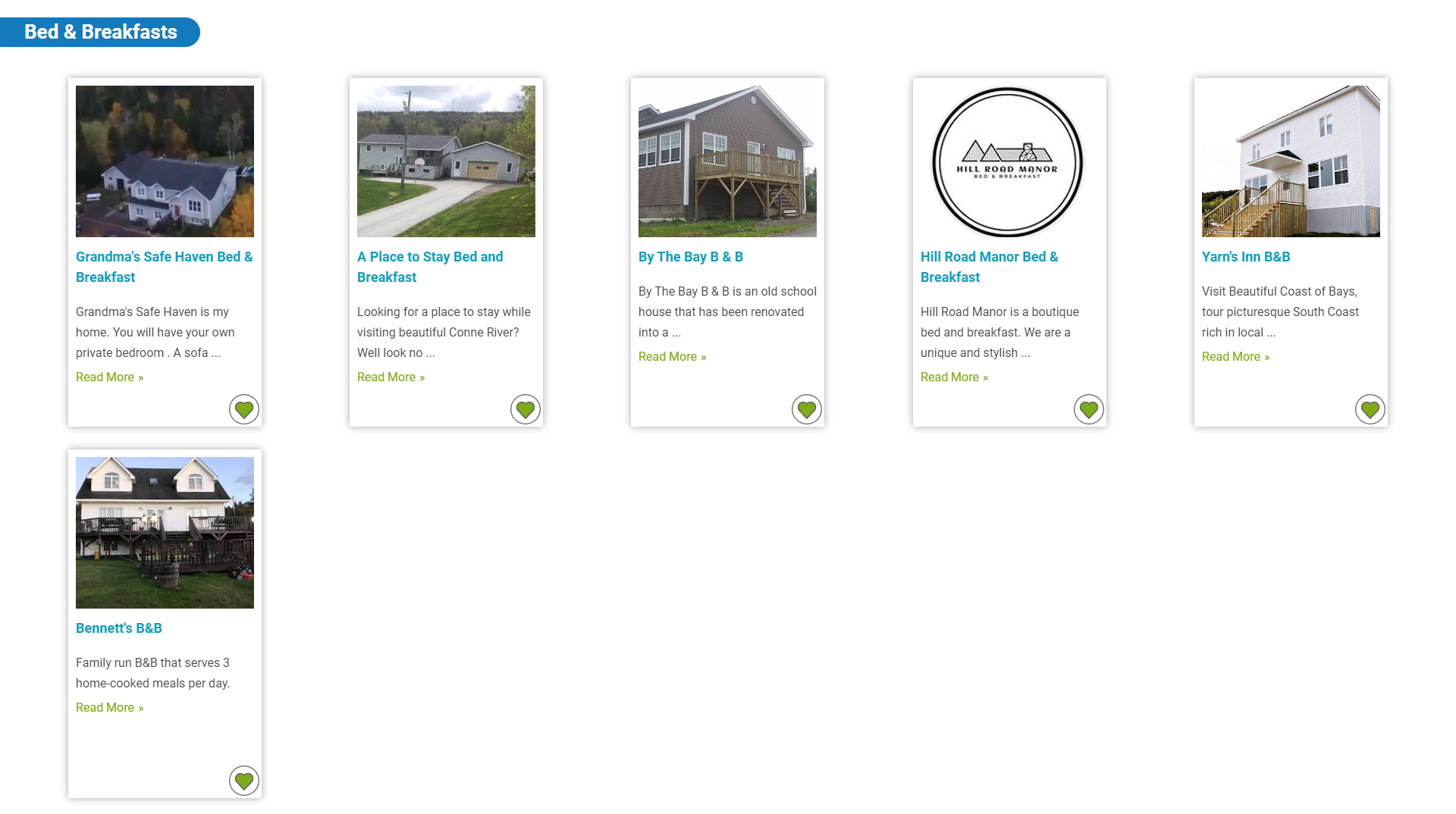 An image of 6 cards that each have a photo of an accommodation and a description.